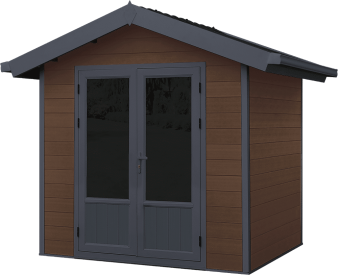 Un hangar marron avec un toit noir et des portes noires