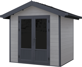 Un hangar gris et blanc avec un toit noir