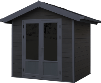 Un hangar noir avec deux portes et un toit