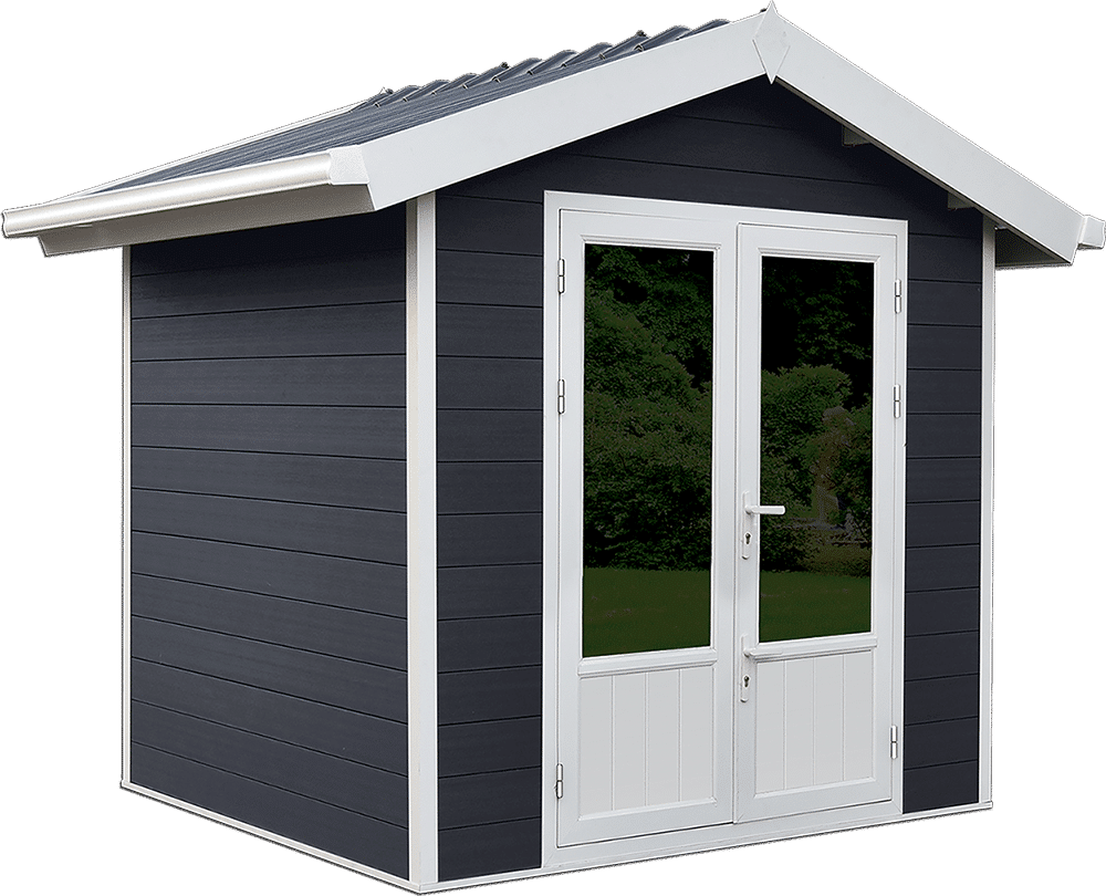 Un hangar noir avec une bordure blanche et une porte blanche