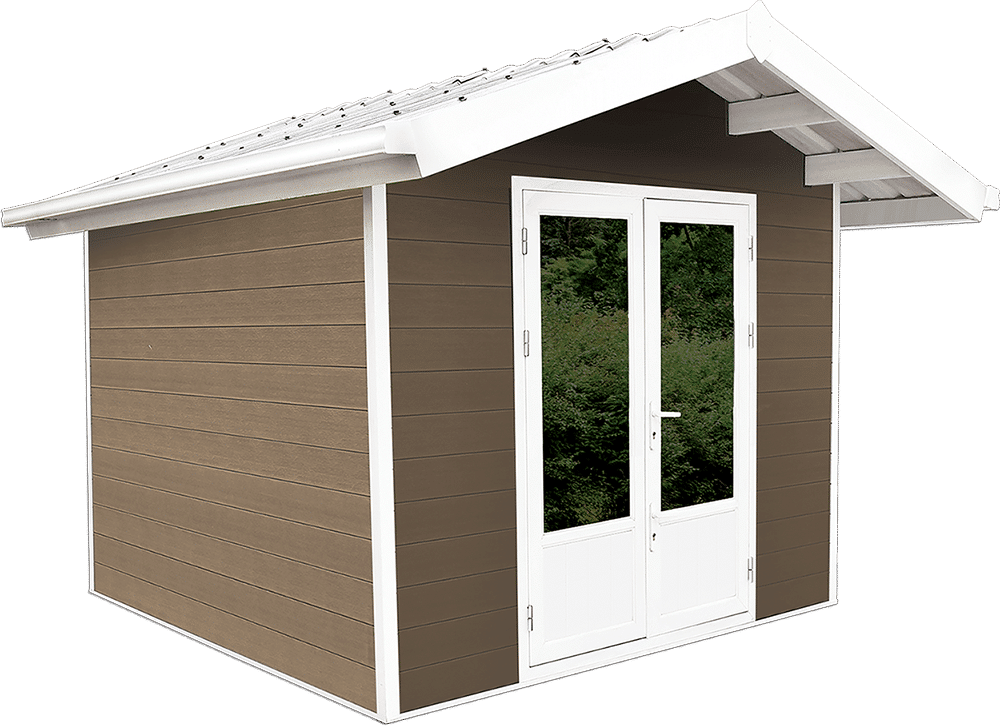 Un hangar marron avec deux portes blanches et un toit blanc.