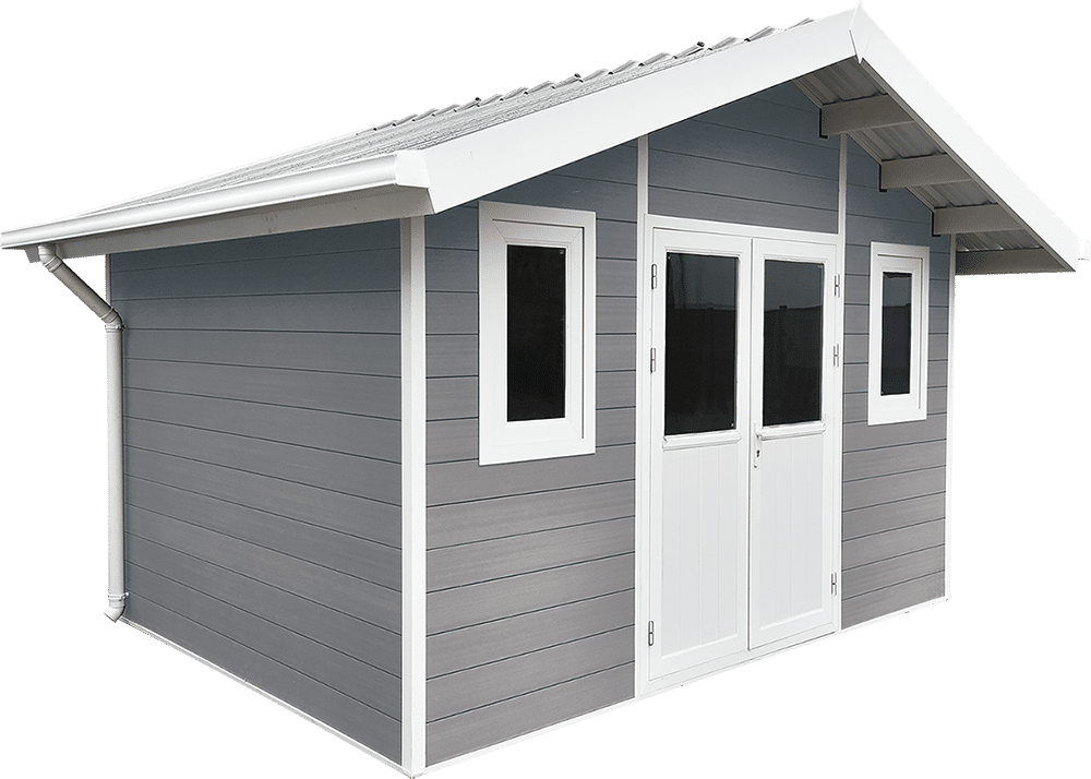 Un hangar gris avec des portes et fenêtres blanches sur fond blanc