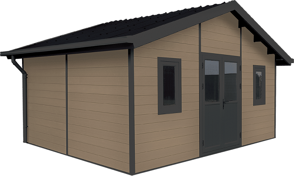 Une maison marron avec un toit noir et une porte noire