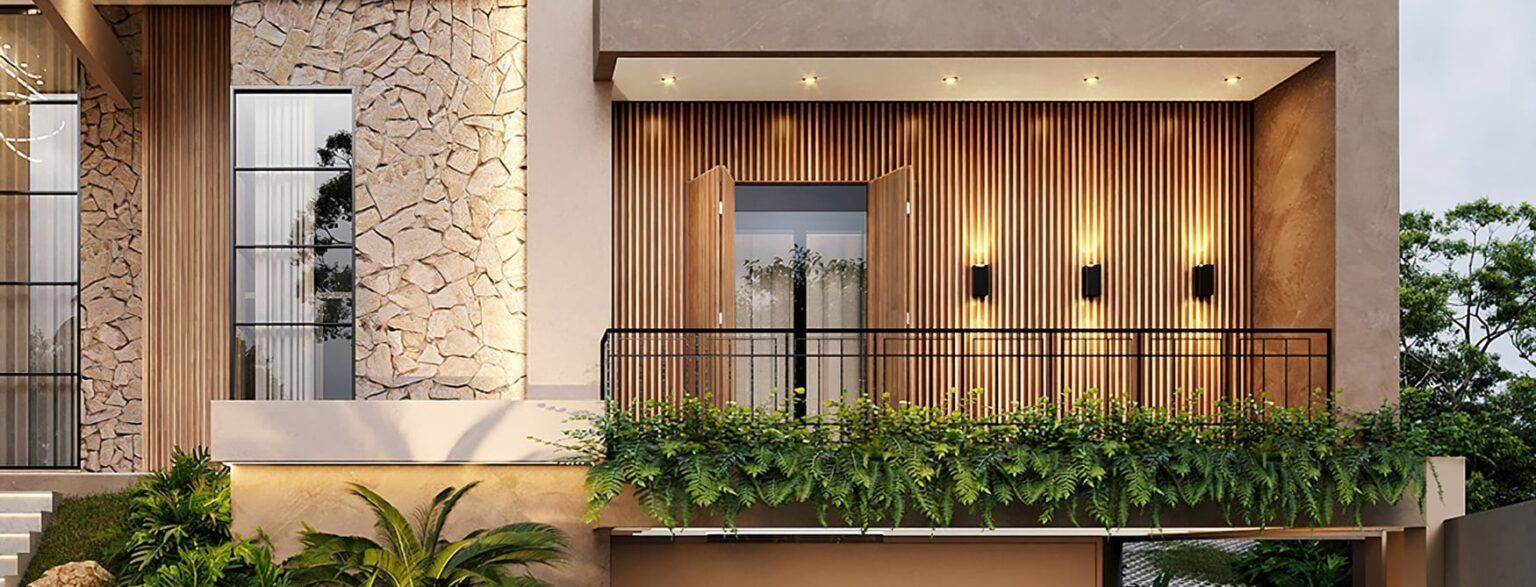 Extérieur d'un bâtiment moderne avec un balcon recouvert de verdure, des panneaux de bois verticaux et des accents de pierre.