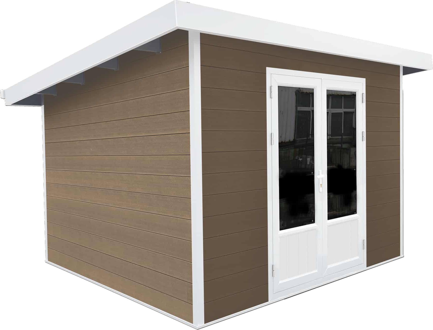 Un hangar marron avec garniture blanche et deux portes blanches