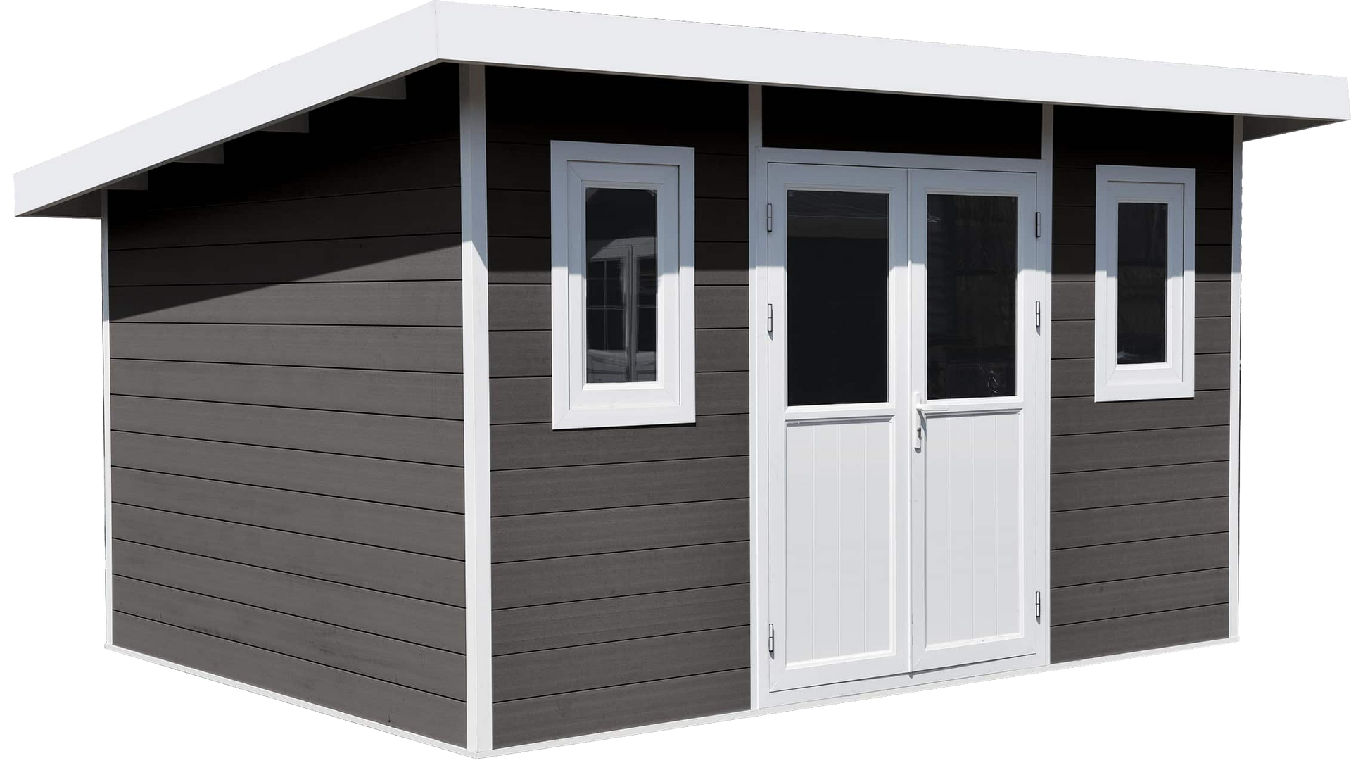 Un hangar noir et blanc avec un toit blanc