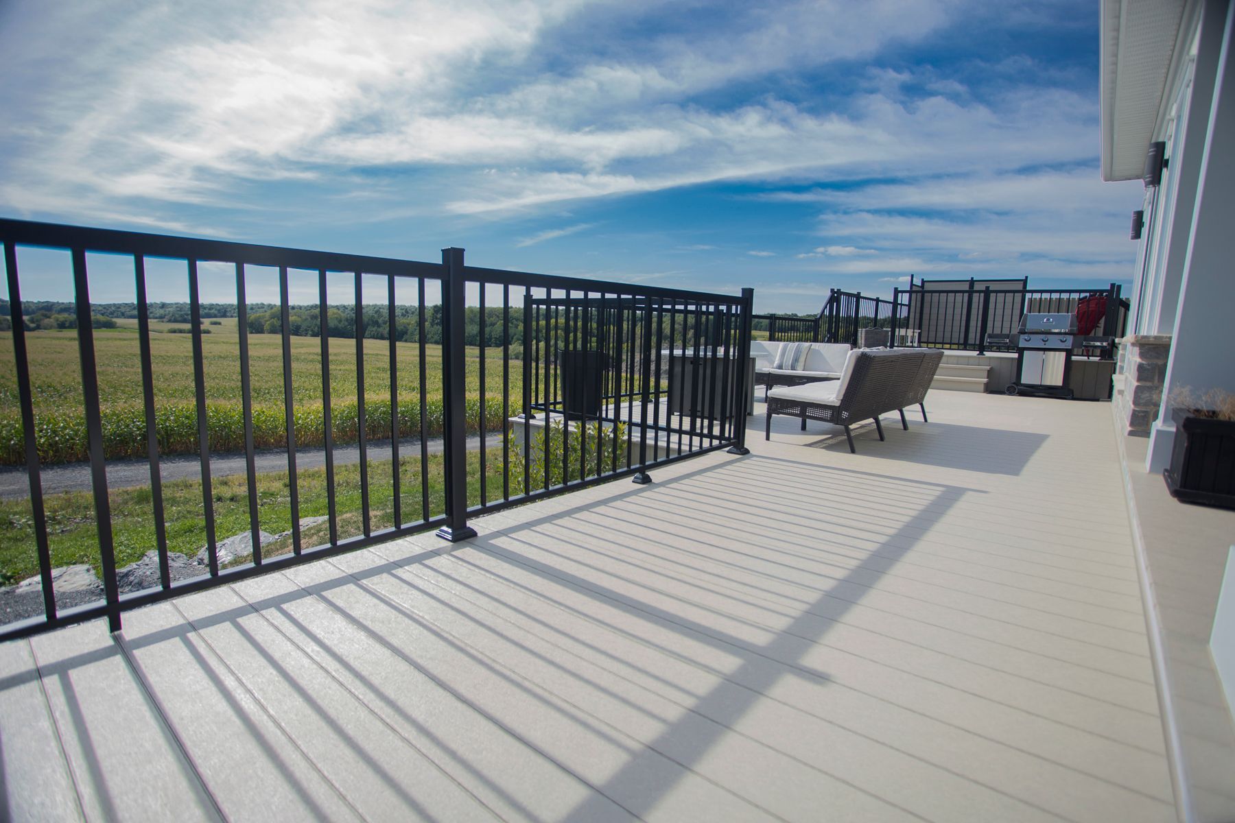 Une grande terrasse avec une balustrade noire et une vue sur un champ.
