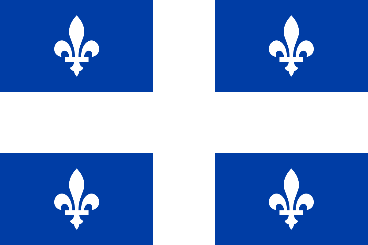 Drapeau du Québec : croix blanche sur fond bleu, avec une fleur de lys blanche dans chaque quadrant bleu.