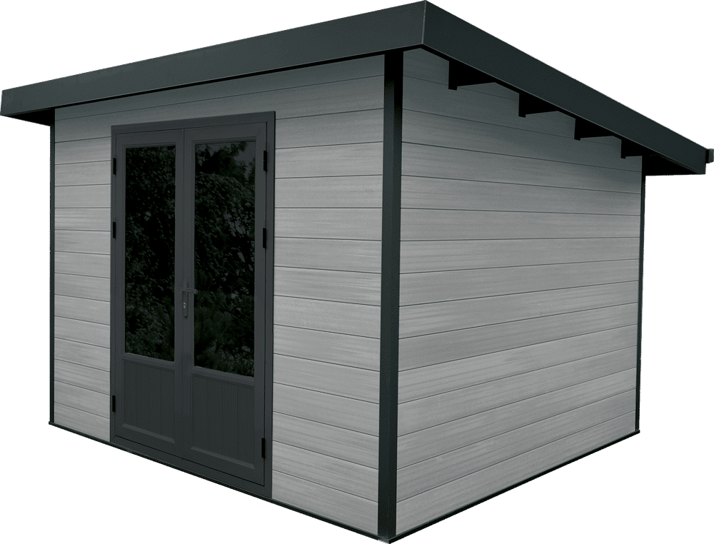 Un hangar gris avec un toit noir et une porte noire