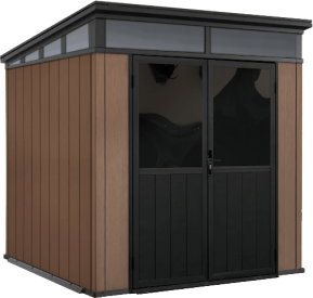Abri de rangement extérieur marron et noir avec portes doubles et panneaux de toit translucides.