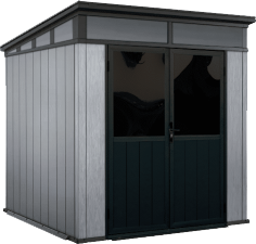 Un cabanon gris et noir avec une porte vitrée