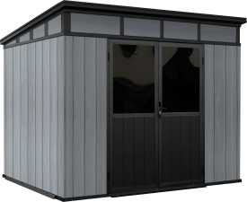 Un cabanon gris et noir avec une porte vitrée