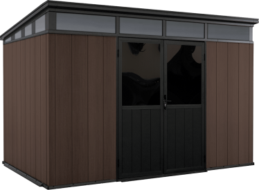 Un hangar marron avec une porte et des fenêtres noires