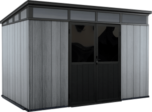 Un cabanon gris et noir avec une porte vitrée