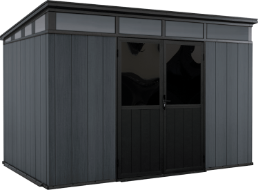 Un hangar noir avec une porte vitrée sur fond blanc