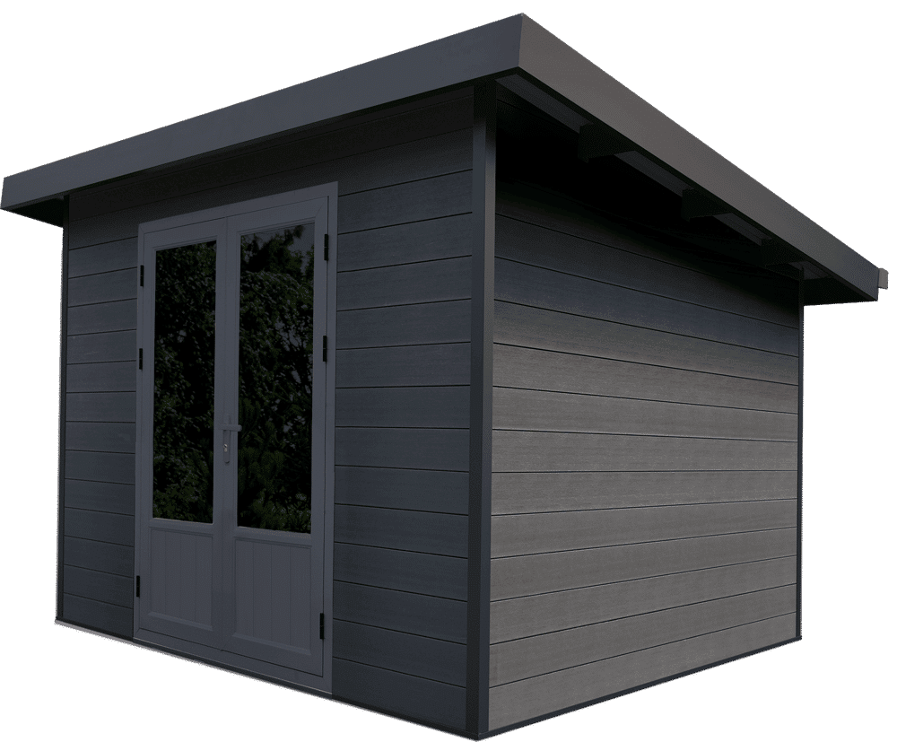 Un hangar noir avec une porte et des fenêtres blanches