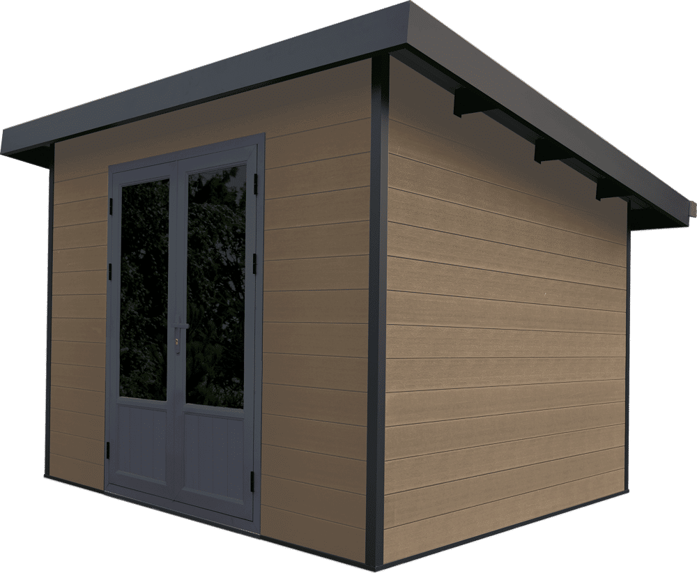 Un hangar marron avec un toit noir et deux portes