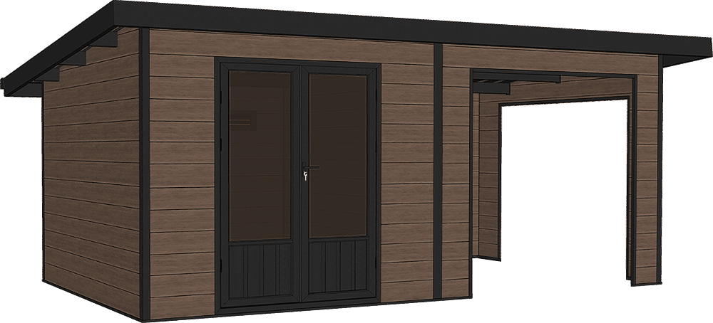 Un hangar en bois avec une pergola attachée sur un fond blanc.