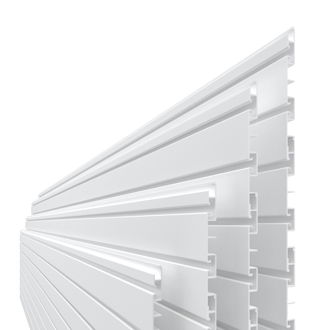 Une rangée de lattes blanches empilées les unes sur les autres sur un fond blanc.