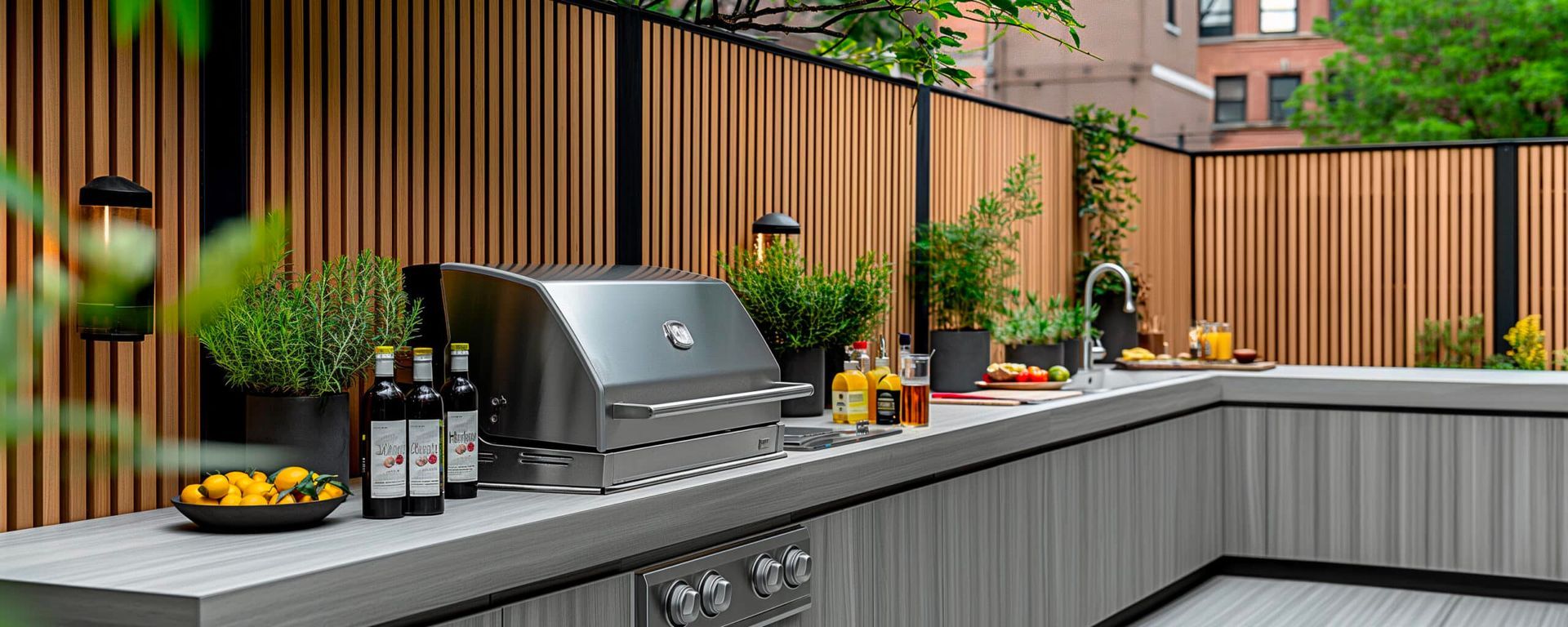 Cuisine extérieure avec barbecue, comptoir et plantes contre une clôture en bois. La palette de couleurs comprend des tons de bois naturel et du gris.