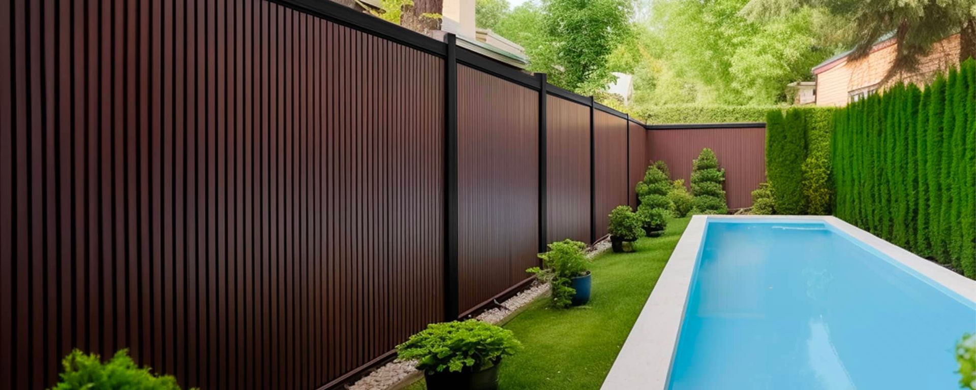 Une clôture à lattes verticales brunes entoure une cour arrière avec une piscine et une pelouse verte, des arbres en arrière-plan.