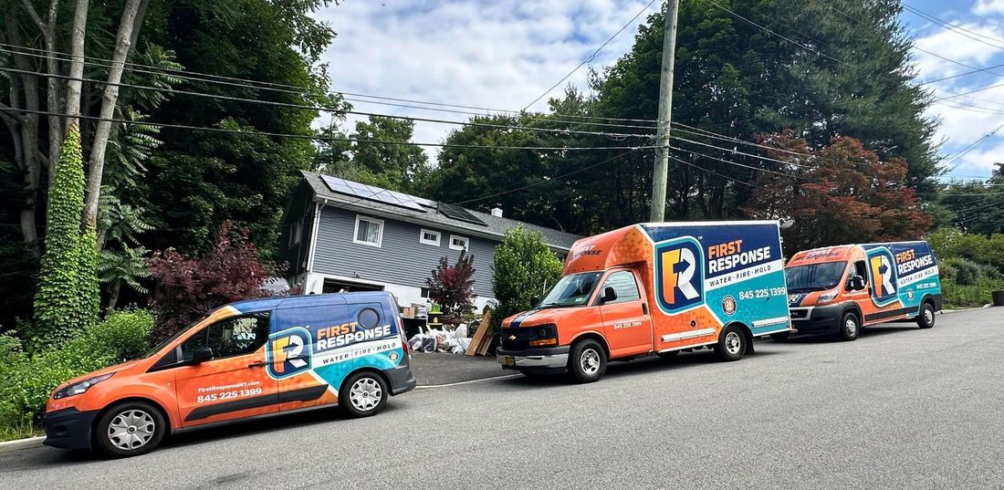 Three vans are parked on the side of the road in front of a house.