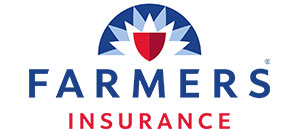 The logo for farmers insurance has a shield and a sun on it.