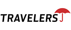 A logo for travelers j with a red umbrella on a white background.
