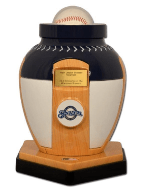 A baseball urn with the word storm chasers on it