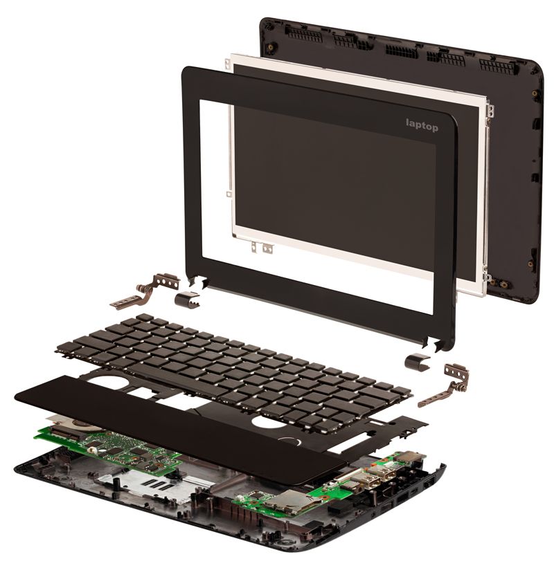 A laptop is being disassembled to show the inside of it