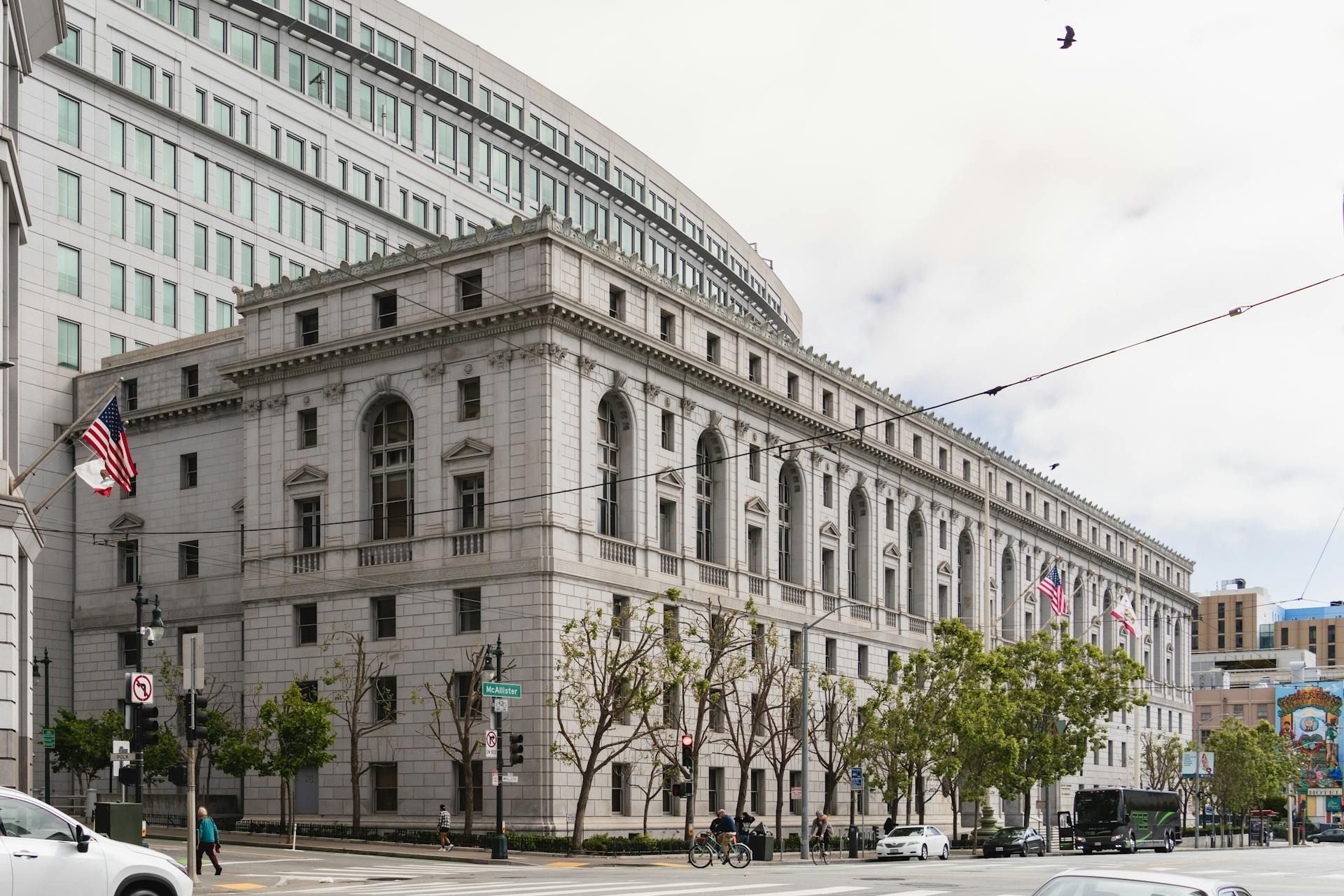A large, light-colored courthouse building with columns and arched windows, San Francisco.