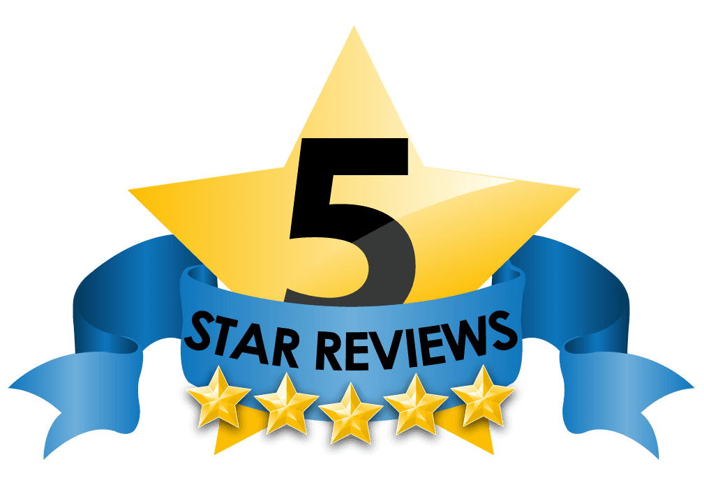 5-star review graphic: Gold star with black 