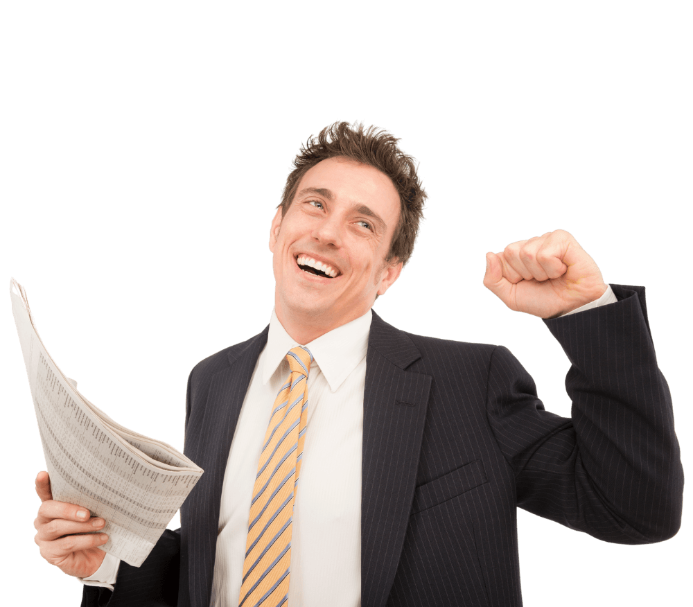 Employer holiding a newspaper getting excited with uplifted fist knowing he doesn't have to list job listings in the paper anymore because of  Priority Placements Group Hiring Services