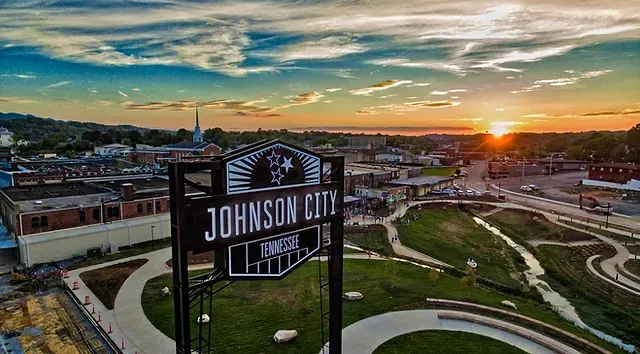 An aerial view of johnson city park at sunset in Johnson City Tennessee