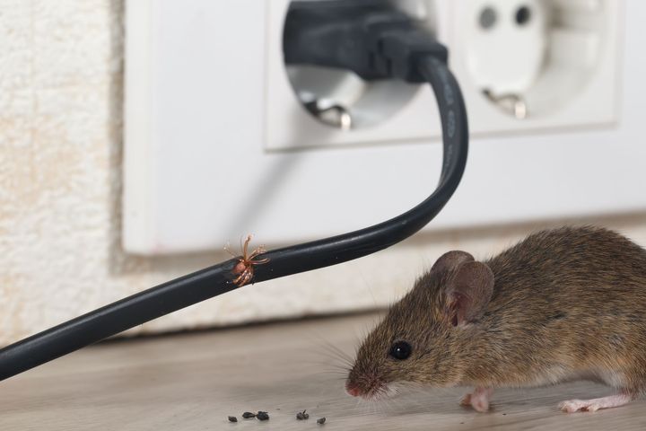Mouse near a chewed electrical cord, next to a wall outlet.
