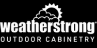 Weatherstrong outdoor cabinetry logo with sun, clouds, and text on a black background.