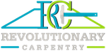 Logo for Revolutionary Carpentry: Teal and green design with text and carpenter's tools.