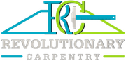 Logo for Revolutionary Carpentry: Teal and green design with text and carpenter's tools.