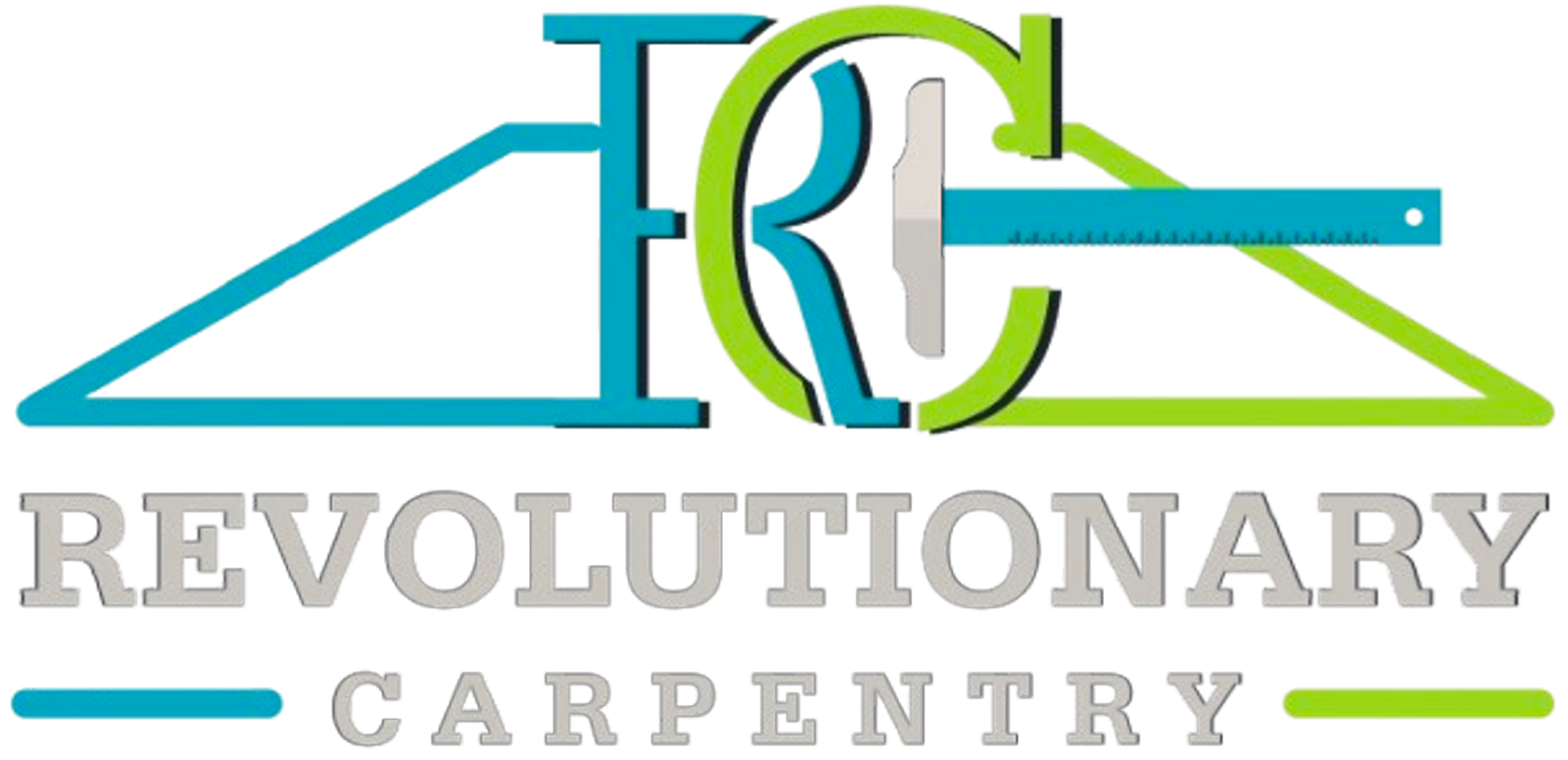 Logo for Revolutionary Carpentry: Teal and green design with text and carpenter's tools.