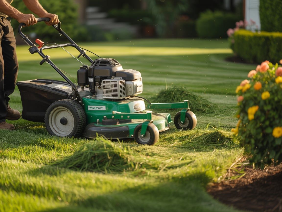 Person mowing green lawn with a green and black lawnmower on a sunny day.