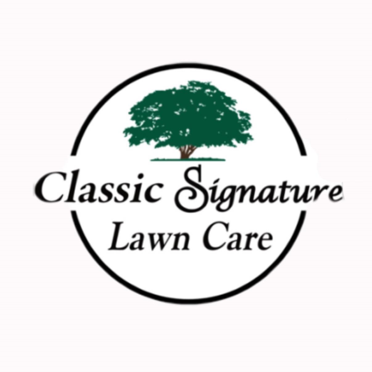 Logo of Classic Signature Lawn Care: A green tree inside a black circle, with text below.