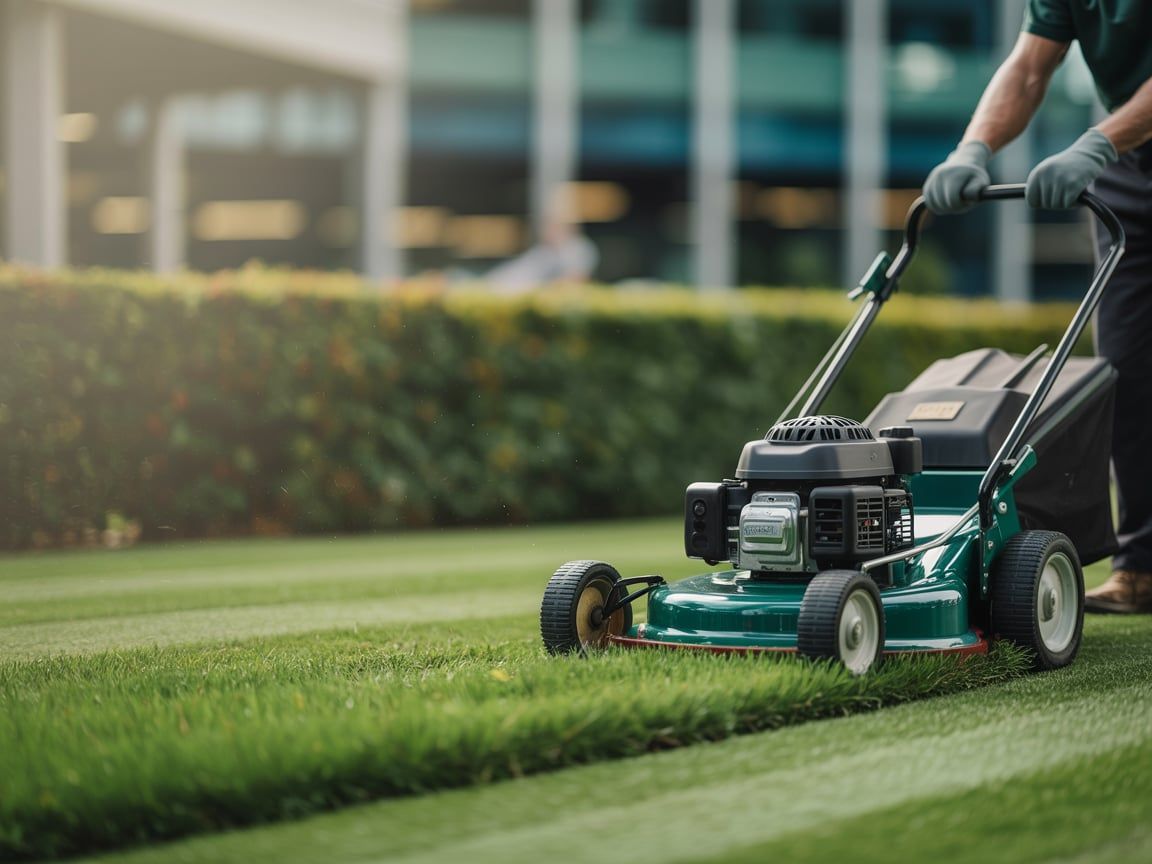 Person mowing a green lawn with a teal lawnmower in front of a modern building.