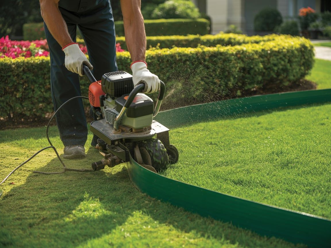 Man edging a lawn with a machine next to a green garden border, wearing gloves, and surrounded by green grass.