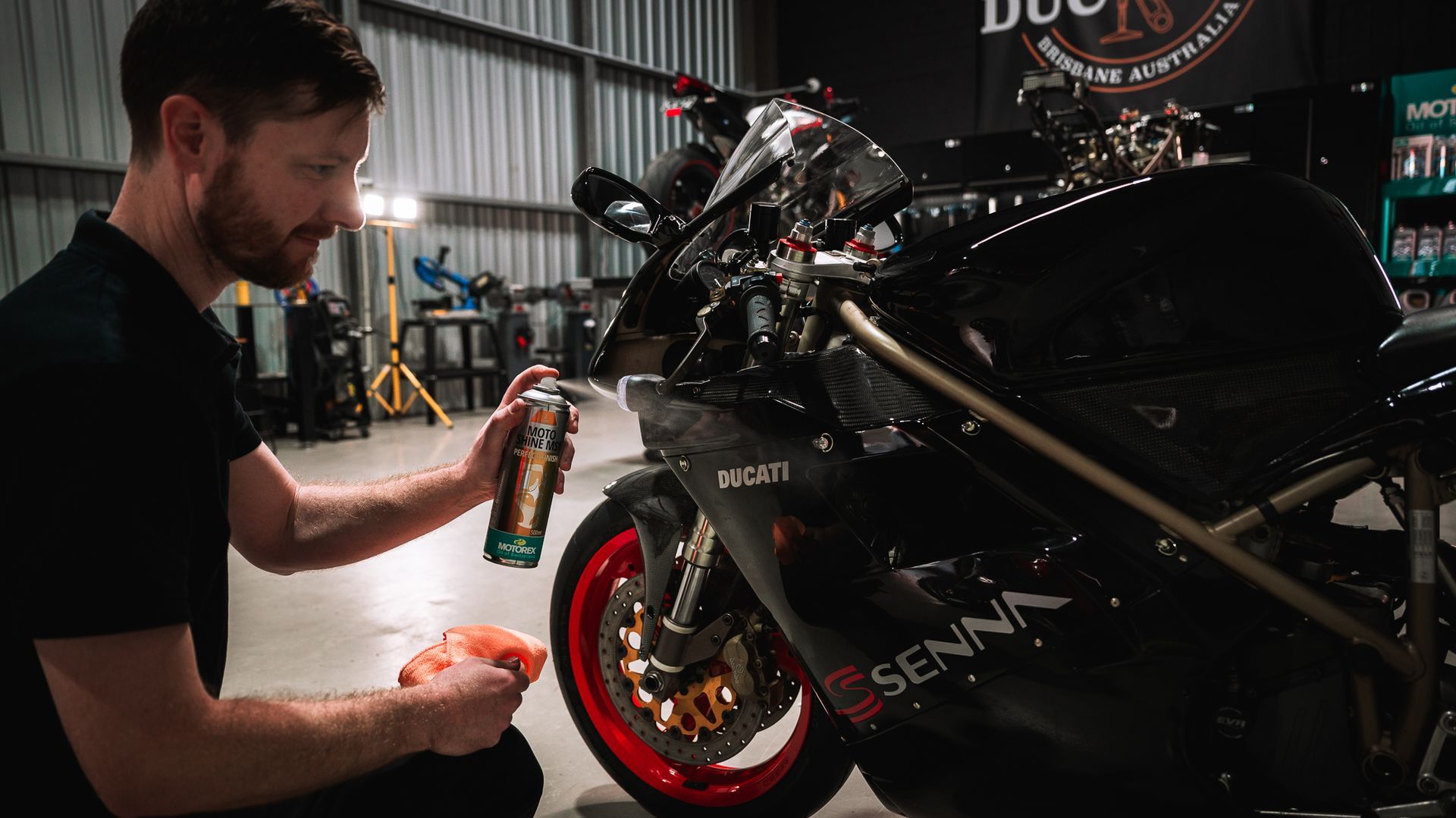 Owner Ash Polish and Shining the iconic Ducati 916 Senna.