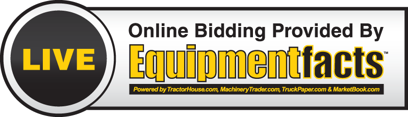 LIVE banner for EquipmentFacts online bidding, with black, yellow, and white logo