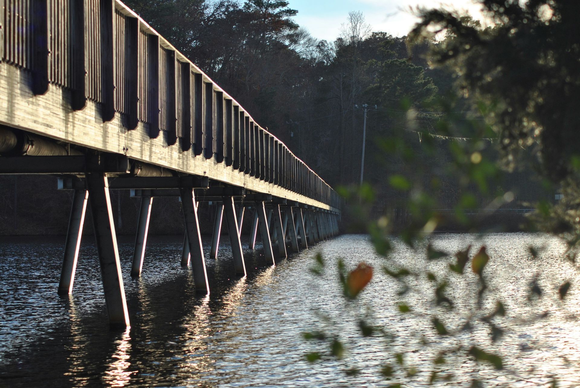 Wooden bridge over water, supported by angled metal legs. Trees in background, sunlight glinting on the water's surface.