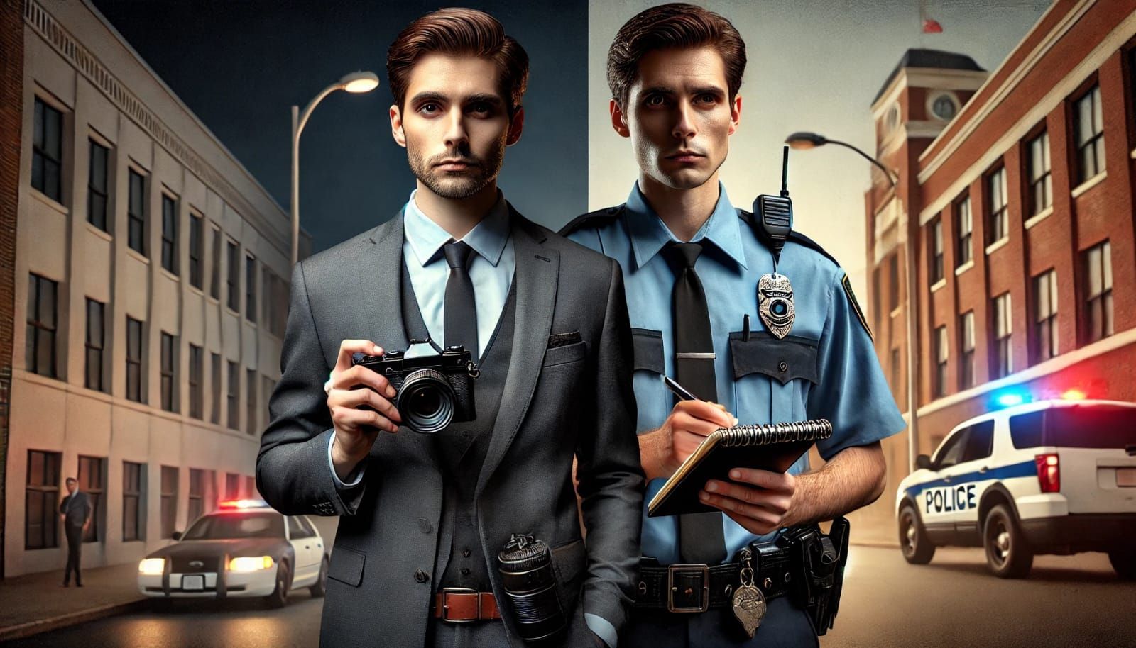 Two men in suits and ties are standing next to each other in front of a police car.