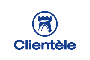 A blue and white logo for clientele with a castle in a circle.