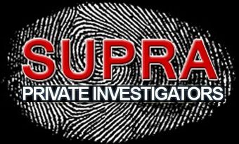 A logo for supra private investigators with a fingerprint