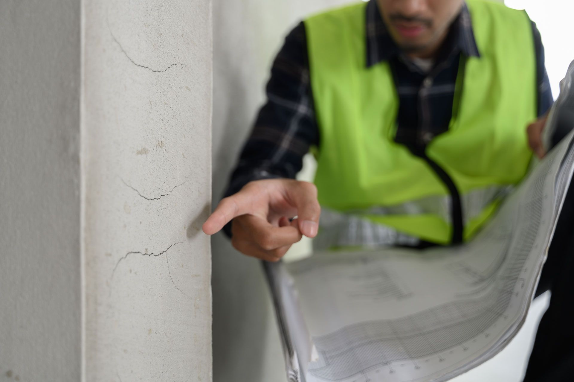 A person in a high-visibility vest pointing at horizontal cracks on a concrete wall while holding architectural blueprints.